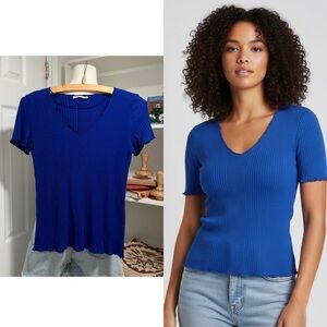 ZARA Cobalt Blue Ribbed V-Neck Knit Tee